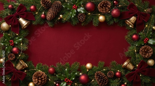 Festive christmas border with pine branches and ornaments on dark red background