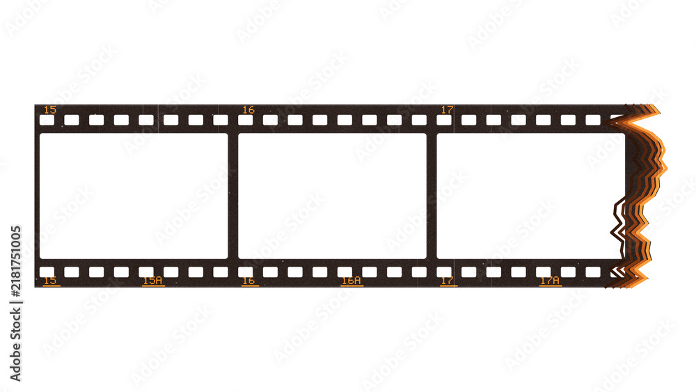 Fototapeta premium Burnt 35mm film strip with a charred end and blank frames on a transparent background
