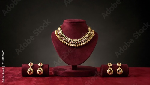 Elegant gold necklace and earring set displayed on a velvet mannequin for luxury jewelry