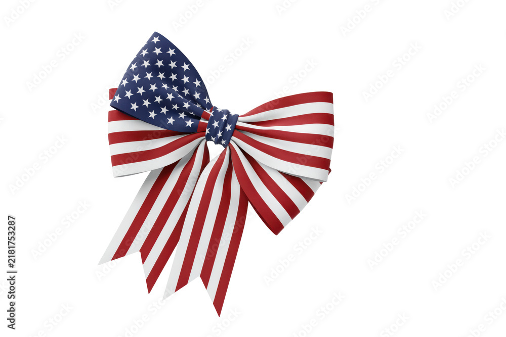 Obraz premium Decorative fabric bow featuring the red, white, and blue american flag pattern with stars and stripes isolated on a transparent background