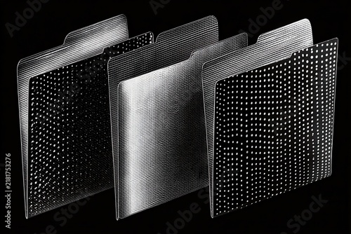 Abstract geometric folders with halftone dot pattern on black