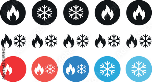 Heating and cooling temperature icon set with fire flame and snowflake buttons for HVAC climate control systems