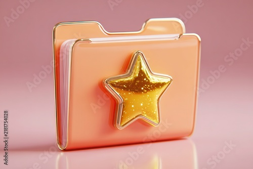 Folder with golden star icon on pink background soft light