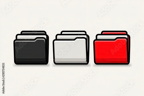Three archive folders black white red on plain background