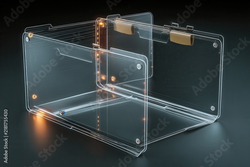 Transparent organizer box with metallic clips on dark background