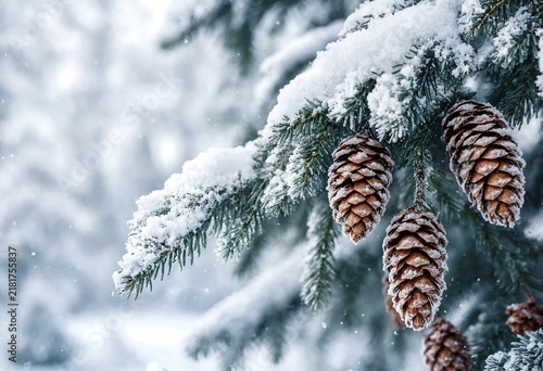 Pine cones with snow on evergreen branches during a winter snowfall with soft focus background
