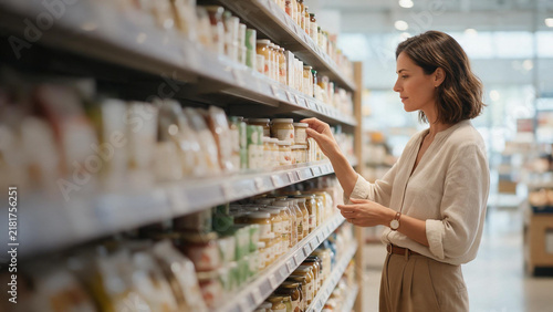 Woman browses products in a well-lit supermarket aisle.