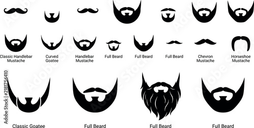 Men beard and mustache styles vector icon set with full beard handlebar goatee and chevron facial hair chart
