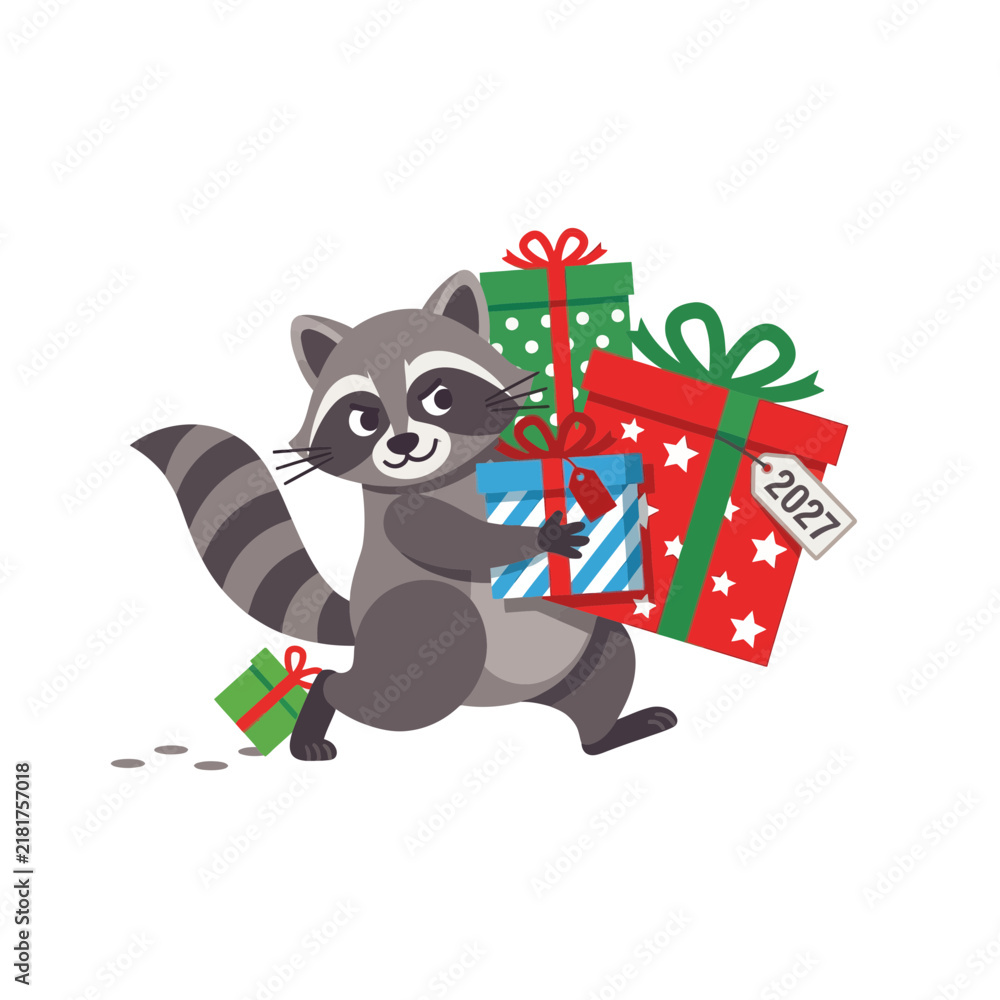 Naklejka premium Cute Cartoon Raccoon Character Carrying Many Gift Boxes and Presents