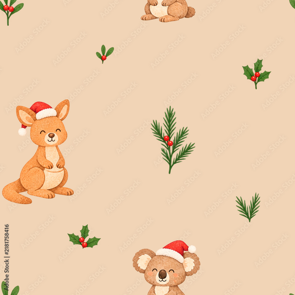 Naklejka premium Christmas themed australian animals seamless pattern design. Repeat pattern 