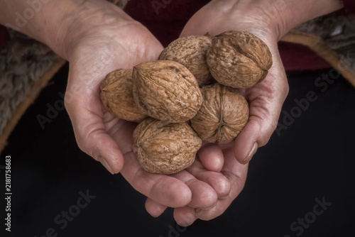 Senior hands holding walnuts representing brain health and healthy aging longevity