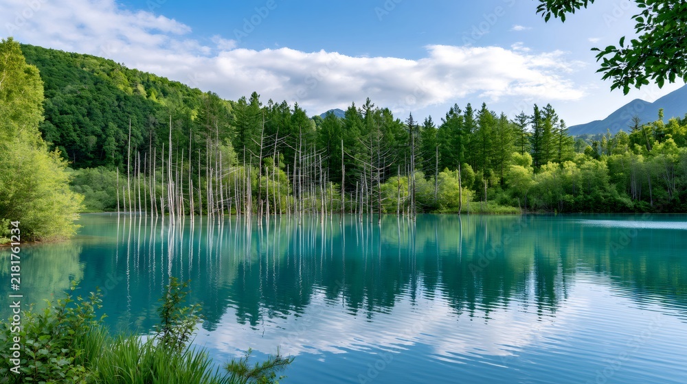 Fototapeta premium Shirogane Blue Pond reflecting withered larch trees in Biei Hokkaido Japan