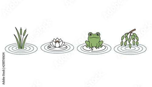 Pond and water life elements featuring a cute green frog and reeds.