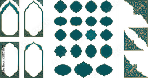Islamic arch frames and oriental ornamental borders vector set with Arabic luxury gold label shapes and decorative corners
