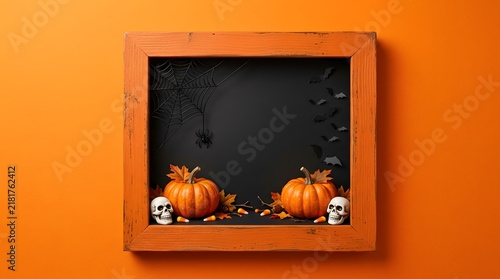 A wooden frame containing pumpkins and skulls against a vibrant orange background for a festive halloween display