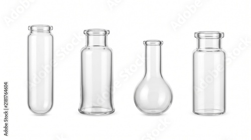 Four separate transparent laboratory glass vials with refined silhouettes and realistic reflections, useful for science, cosmetics, biotechnology, laboratory, Isolated on White background.