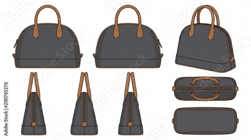 Charcoal Grey and Brown Domed Handbag Technical Flat Sketch Template for Fashion Design