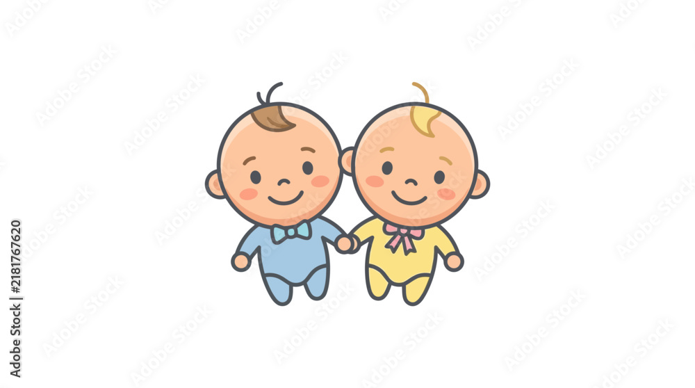 Naklejka premium Two cartoon infants holding hands together for family and childhood concept illustration