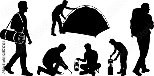 Silhouettes of people camping and hiking vector illustration