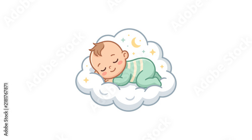 Baby sleeping on a cloud at night under stars and moon for nursery decoration