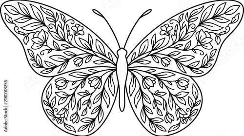 Floral Butterfly Line Art Vector for Adult Coloring Book Page and Tattoo Design
