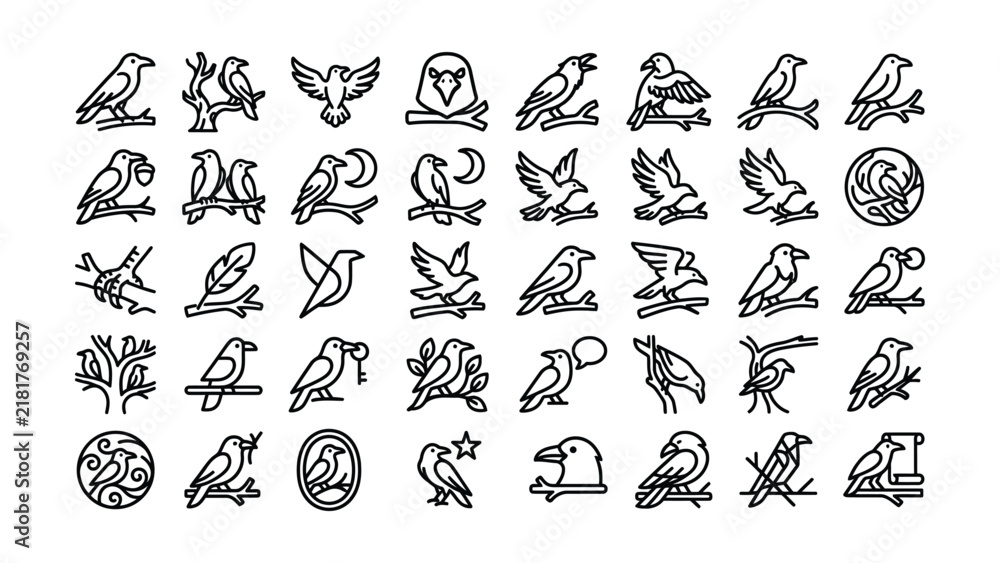 Fototapeta premium Collection of Various Stylized Line Art Birds perched on Branches and in Flight with Transparent Backgrounds