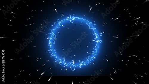 Abstract blue energy plasma portal ring with flying space stars particles motion background loop video