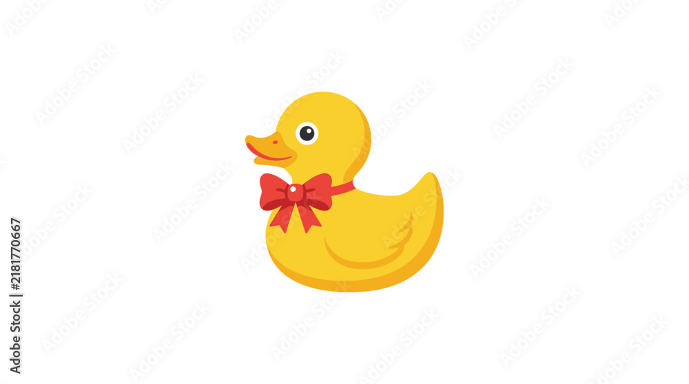 Fototapeta premium Yellow rubber duck toy with red bow tie for nursery bath time isolated on transparent background
