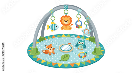 Baby activity gym with hanging animal toys and sensory play mat for infant development