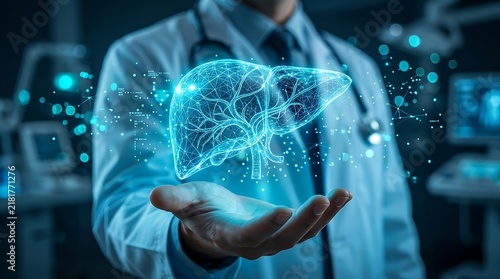 Futuristic medical concept with doctor holding glowing human liver hologram in hand