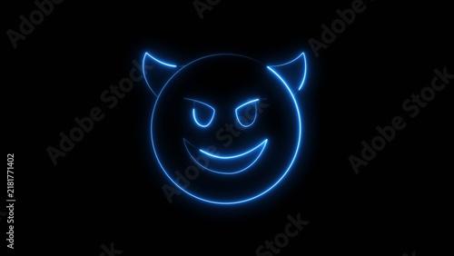 Konstfotografi Blue neon glowing devil face emoji with horns and smirk
