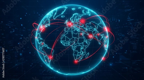 Digital globe showing global communication network connections with glowing red nodes on dark blue background