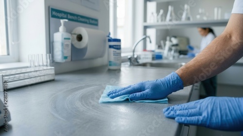 Close-up of gloved hands wiping down a laboratory bench, emphasizing hygiene and sterile environment