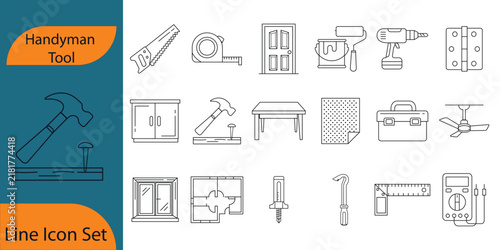 Handyman Tools Line Icon Set for Home Repair, Construction, Maintenance, and Renovation