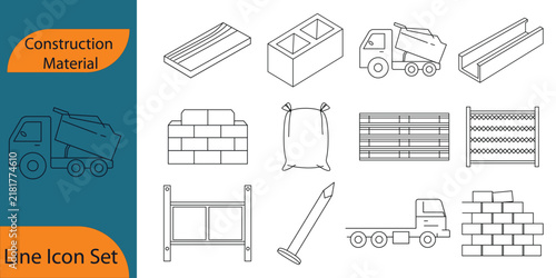Construction Materials Line Icon Set with Building Supplies, Cement Truck and Tools