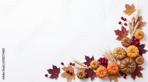 A beautiful thanksgiving holiday background featuring a decorative corner frame made of colorful autumn leaves and various small pumpkins isolated on a clean white surface