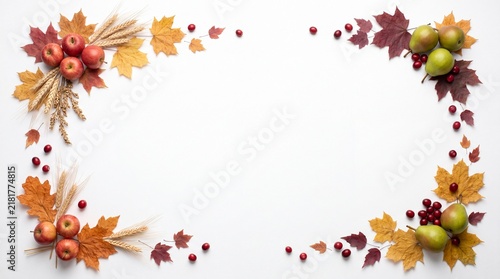A beautiful thanksgiving border frame made from colorful autumn leaves and seasonal fruits isolated on a white background for your festive holiday greeting card design