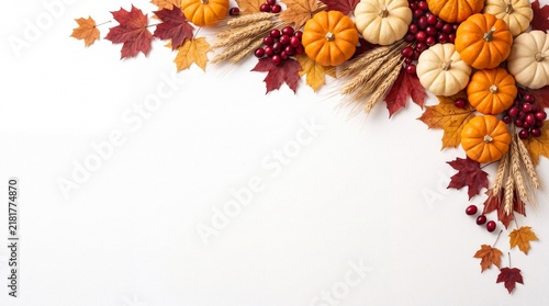 A festive thanksgiving background featuring a beautiful corner border of colorful autumn leaves and assorted pumpkins on a clean white surface for your seasonal holiday