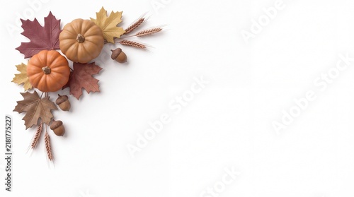 A beautiful thanksgiving corner border arrangement featuring small decorative pumpkins and colorful autumn leaves isolated on a white background for seasonal holiday greeting card design