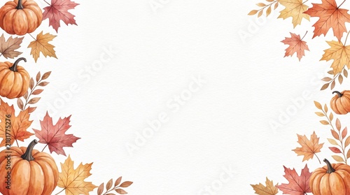 A beautiful watercolor border frame featuring orange pumpkins and colorful autumn leaves isolated on a white background perfect for your festive thanksgiving holiday season design