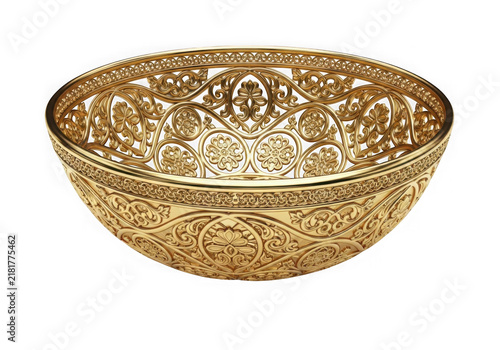 Elegant gold metallic bowl with intricate decorative patterns on its surface