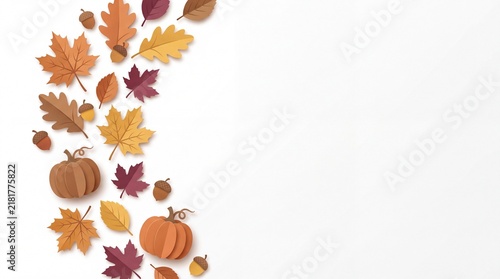 A beautiful thanksgiving background featuring a vertical border of colorful autumn leaves and small pumpkins isolated on a clean white space for seasonal holiday designs