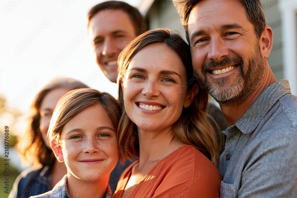 Obraz premium Multigenerational family smiling together outside modern suburban home