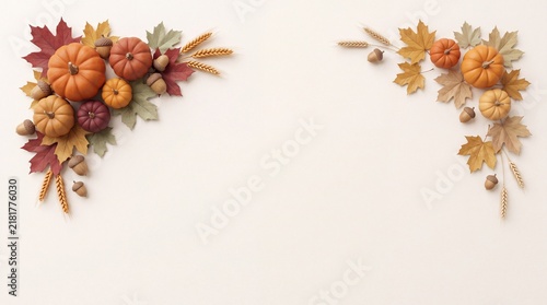 A beautiful flat lay thanksgiving background featuring decorative pumpkins and autumn leaves arranged in two corners on a light surface for your seasonal holiday design