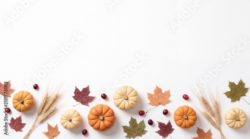 A festive thanksgiving border featuring colorful autumn leaves small pumpkins and wheat stalks isolated on a white background with empty space for your holiday text