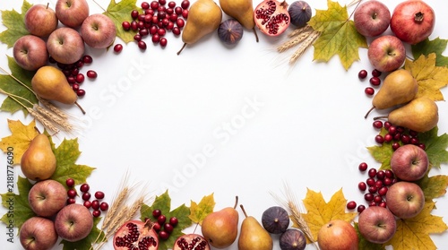 A beautiful thanksgiving holiday frame made of fresh autumn fruits and colorful fall leaves arranged on a white background with empty space for your text