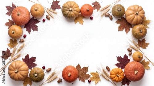 A beautiful festive border made of colorful pumpkins and dry autumn leaves on a white background perfect for your creative thanksgiving holiday season greeting cards