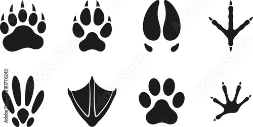 Bild auf Leinwand Animal paw print vector icon set featuring bear wolf deer bird duck footprints