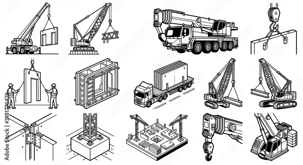 Fototapeta premium Isometric illustrations showcase diverse construction equipment and processes, featuring cranes, trucks, and various structural elements in a grid layout.