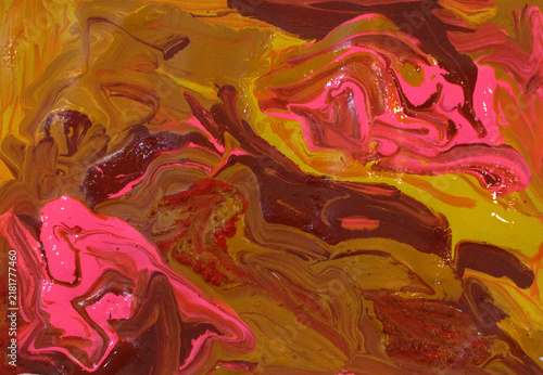 Abstract fluid paint texture featuring vibrant pink, golden yellow, orange, and deep brown tones with swirling organic patterns and glossy marbled details. Ideal for backgrounds, creative designs.